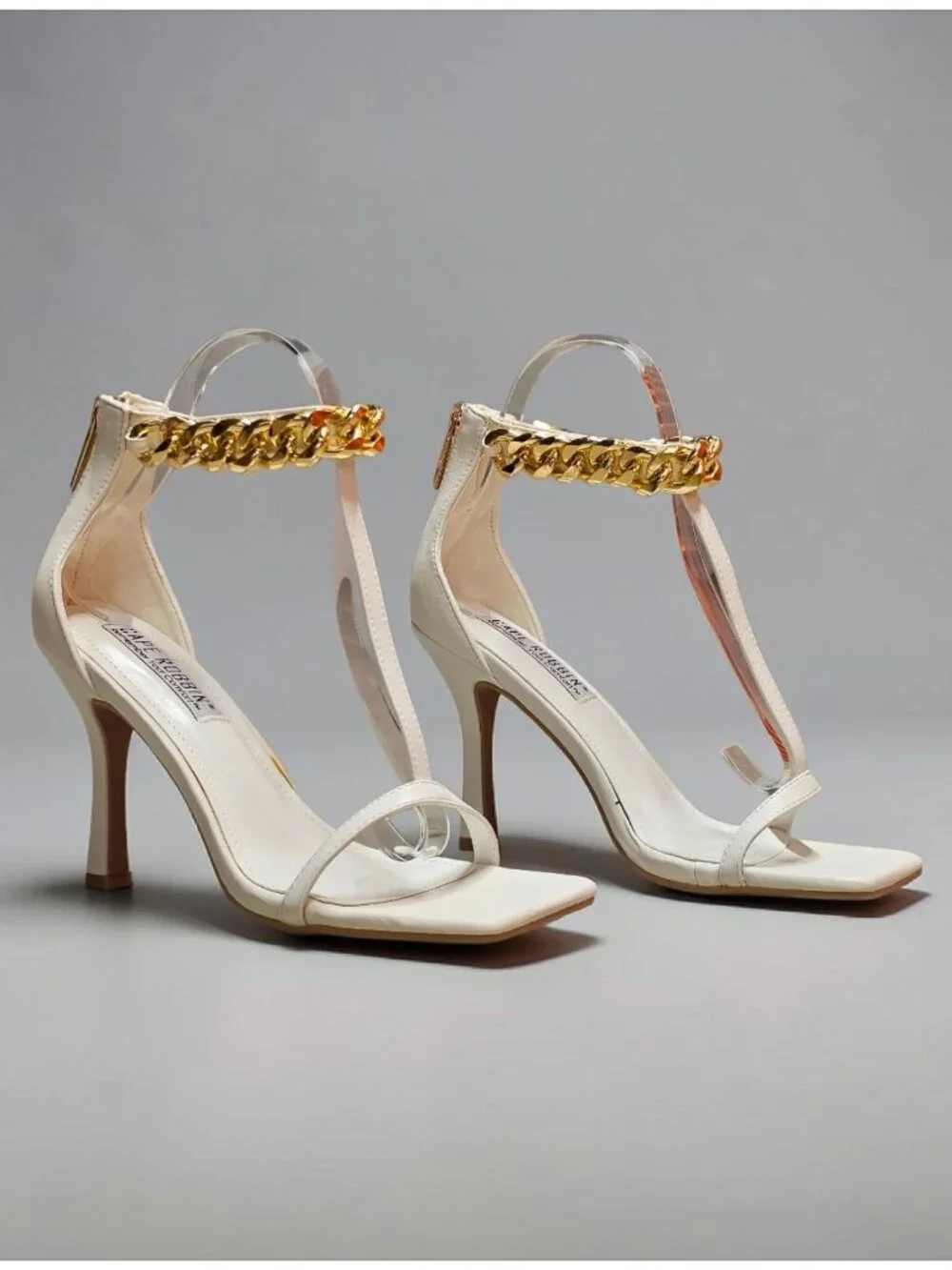 Gold Chain Ankle Strap White High Heel Sandals With Square Toe Stiletto Heel Chi